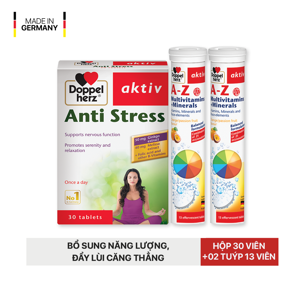 Combo bổ sung vitamin và khoáng chất, giảm căng thẳng, mệt mỏi Doppelherz Anti Stress (30 viên) + 02 tuýp sủi A-Z Fizz (13 viên)