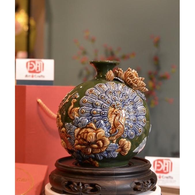 Bình hút lộc Bát Tràng, đắp nổi Công Xoè size 22cm, men màu phong thuỷ, hàng loại 1