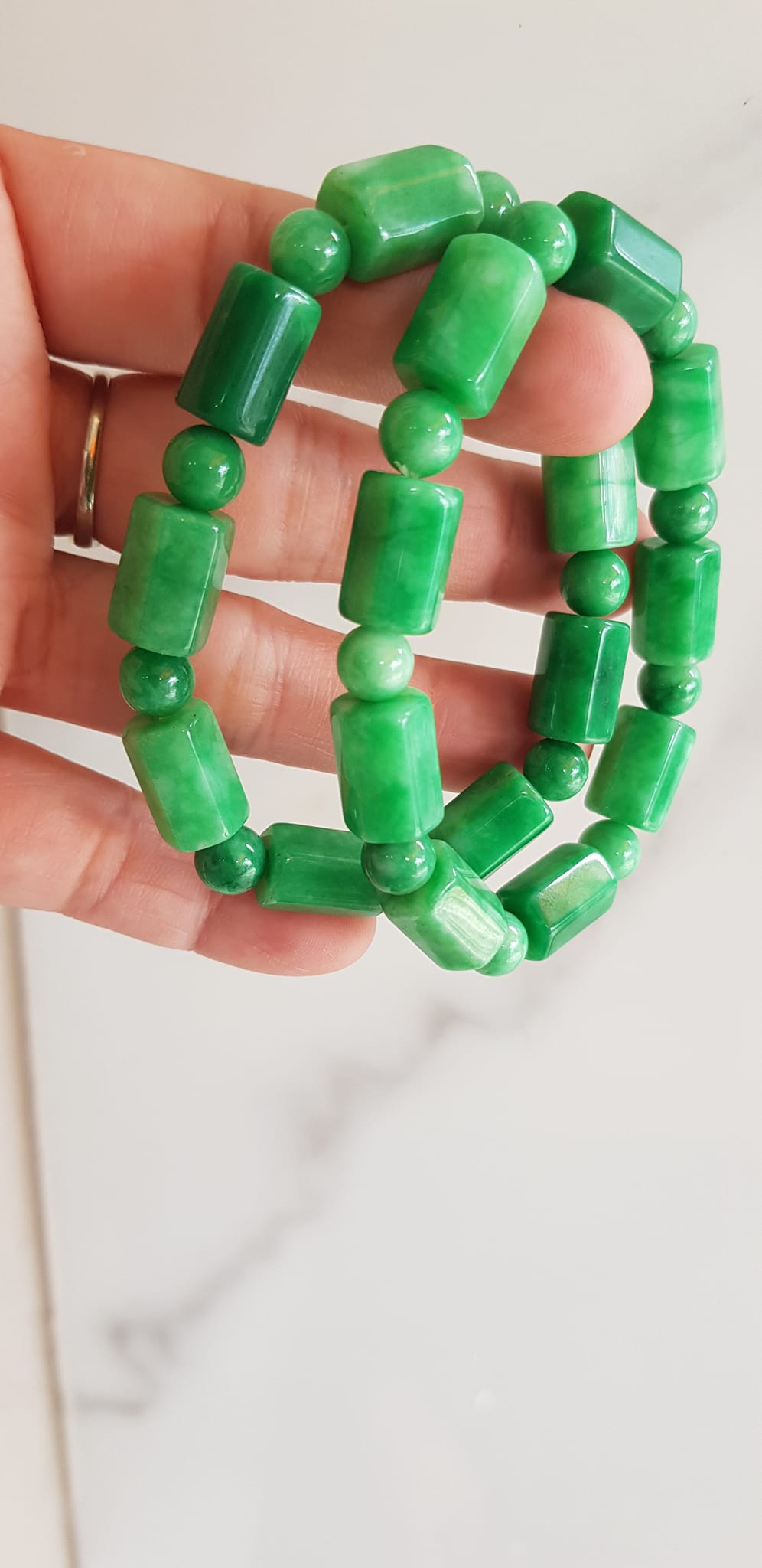 Vòng đeo tay nữ đá cẩm thạch xanh mix kiểu hạt ống vuông dài tròn size 10mm Nữ mệnh mộc hỏa thủy đeo xinh may mắn ạ