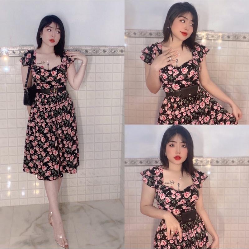 Đầm xoè hoạ tiết hoa cúp ngực cánh tiên có túi hai bên