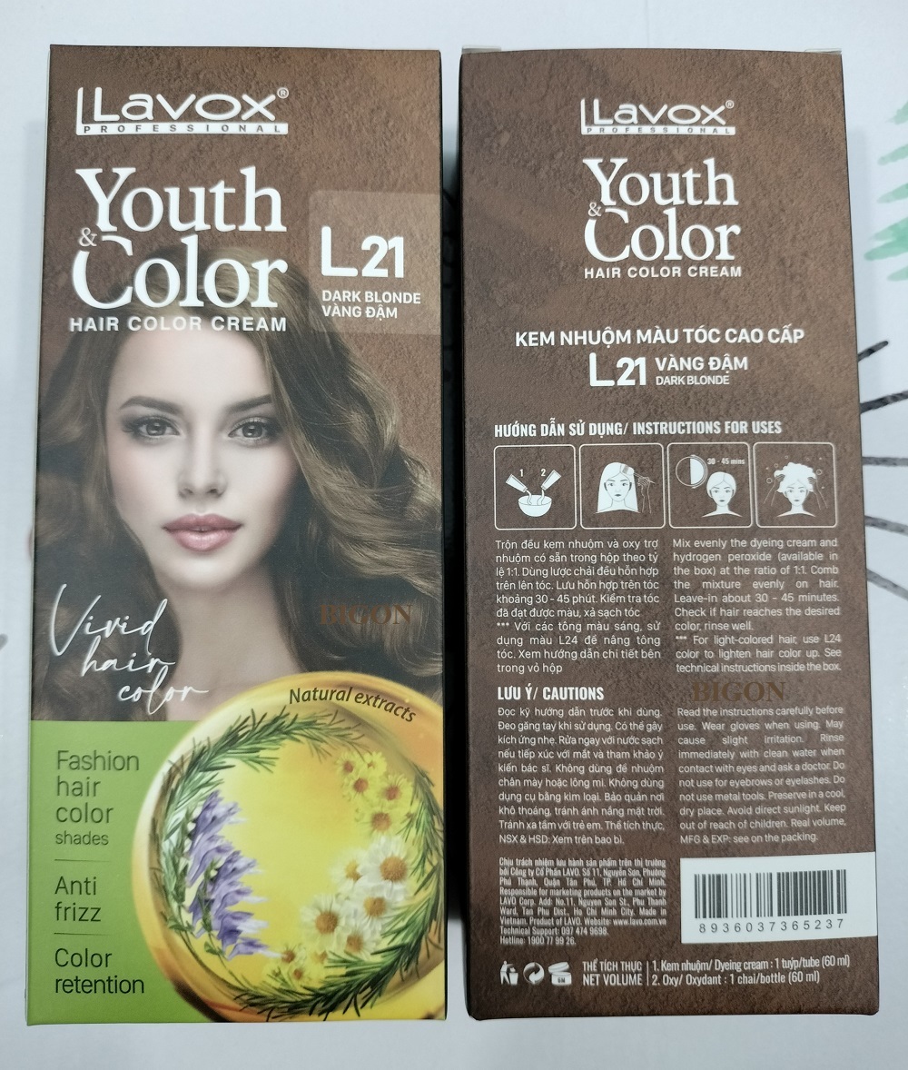 (Vàng Đậm) Kem Nhuộm Tóc Màu Thời Trang Lavox Youth&Color L21 - Dark Blonde