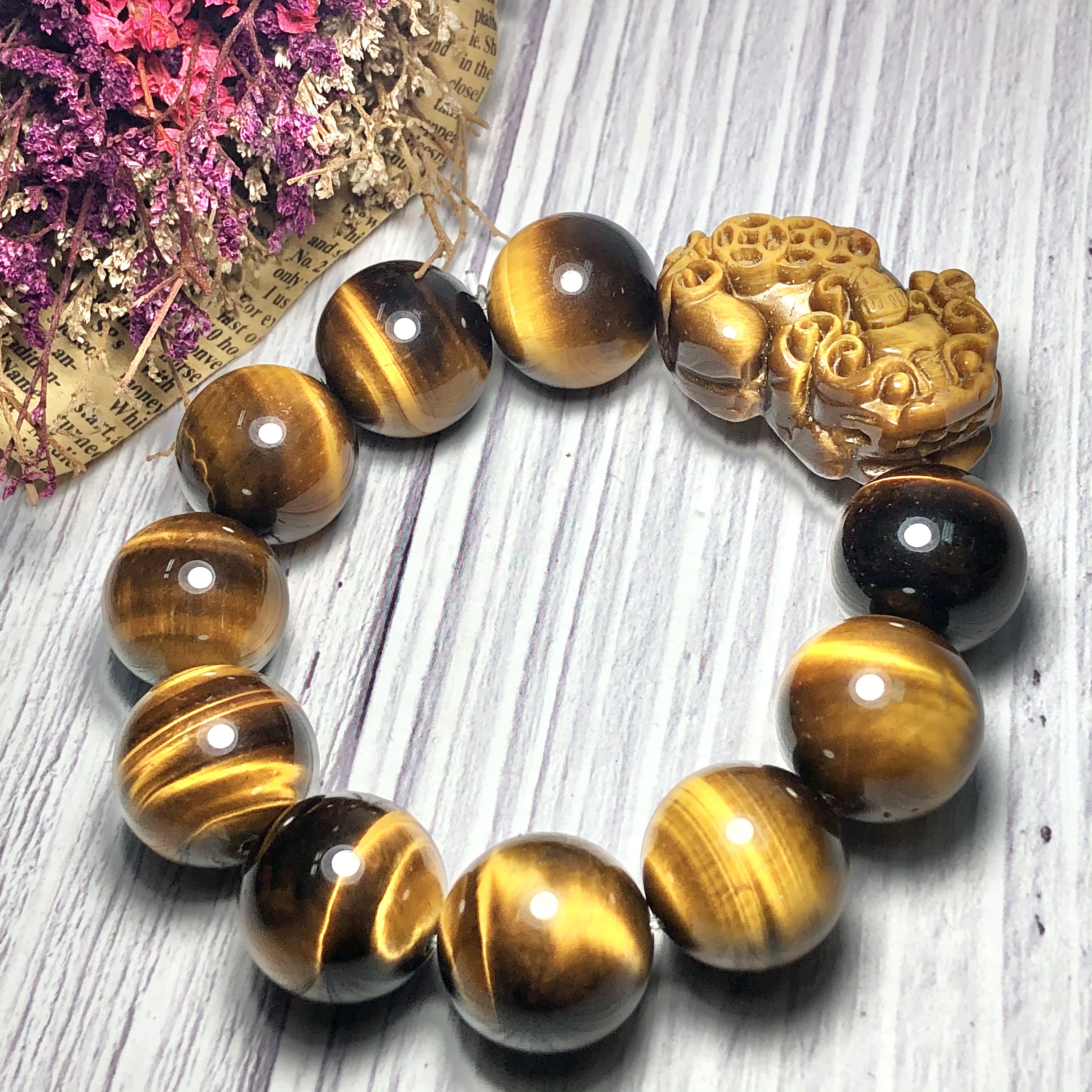 Vòng Thạch Anh Mắt Hổ vàng nâu 18mm mix tỳ hưu đá