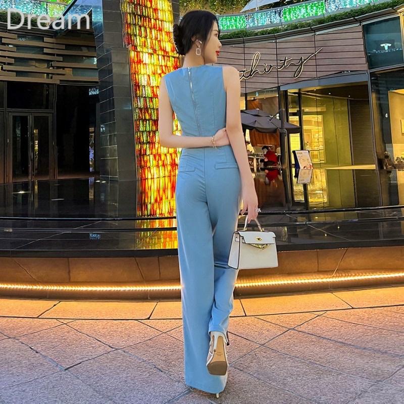 Bộ Áo Cổ Tròn Phối Màu Tương Phản + Quần Ống Rộng Lưng Cao Thời Trang Cho Nữ