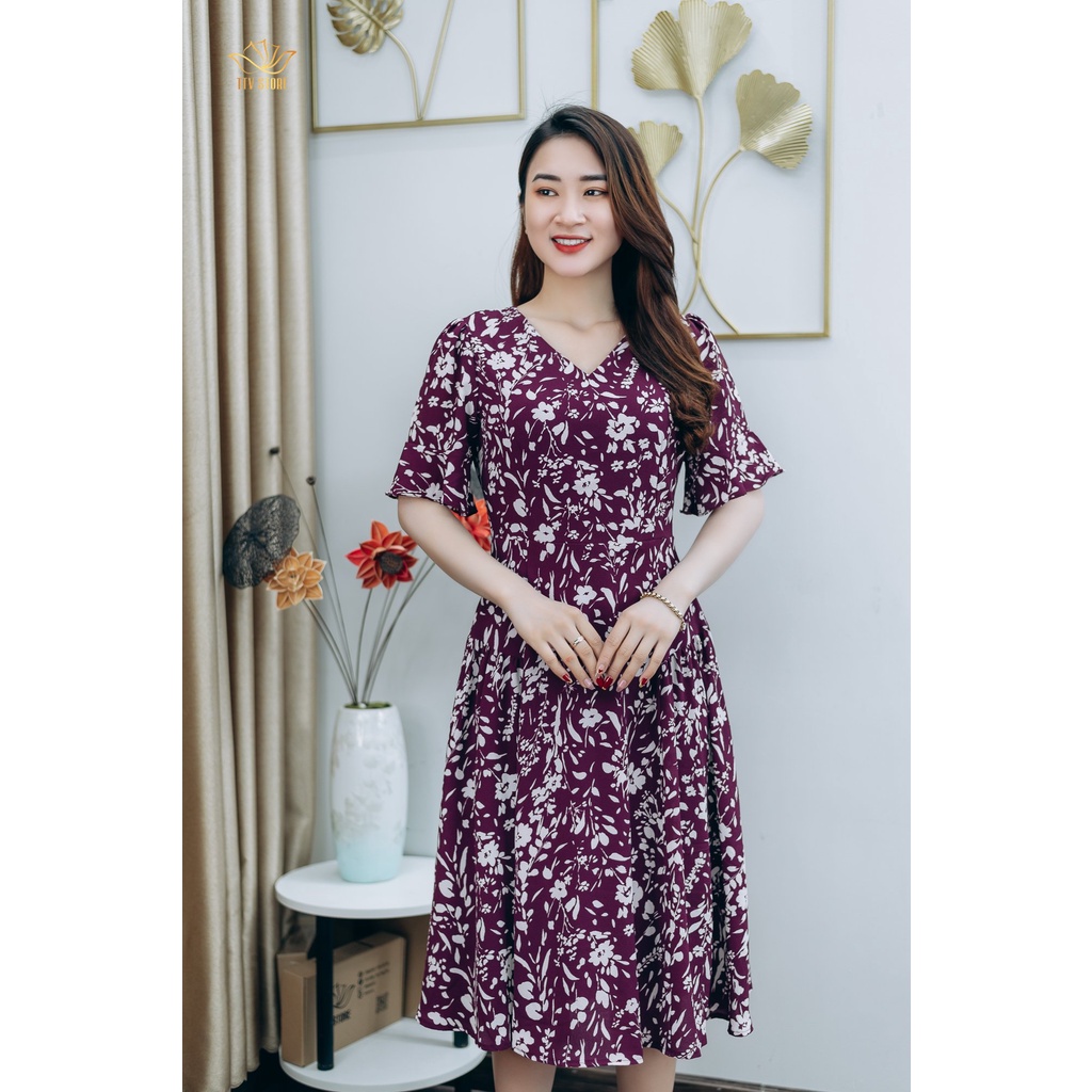 Đầm xòe thiết kế trung niên sang trọng Cổ tim tay chuông màu Tím hoa trắng TTV STORE TTV1257