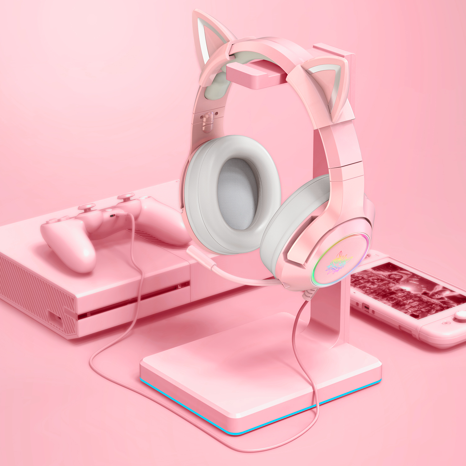 Combo Onikuma Gaming 4 (Tai Nghe K9 Pink Blue + Giá Đỡ ST-2 White) - Hàng Chính Hãng