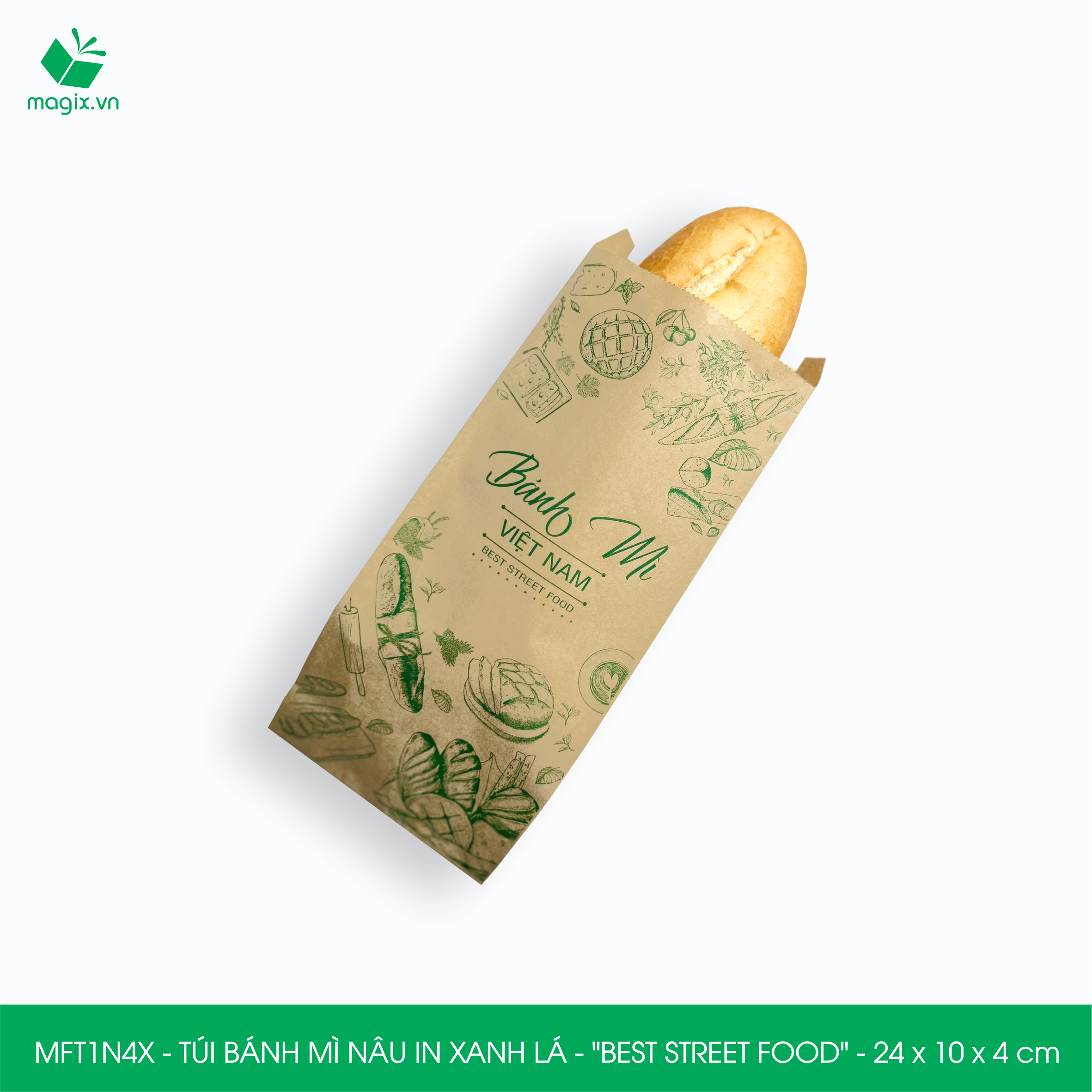 MFT1N4X - 24x10x4 cm - 200 Túi bánh mì Nâu, in sẵn họa tiết BEST STREET FOOD - Bao bánh mì Túi giấy thực phẩm an toàn
