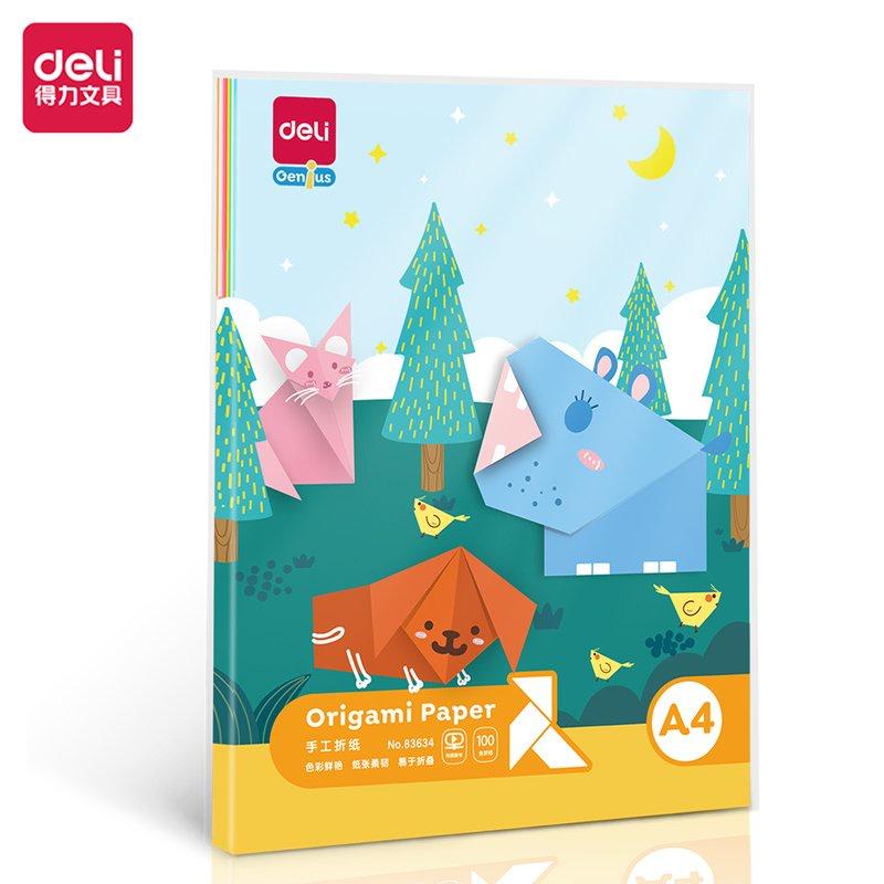 Giấy thủ công 100 tờ học sinh nhiều kích cỡ Deli - Có khổ A4 , giấy gấp origami , giấy gấp hạc hoa động vật - 83631 / 83632 / 83633 / 83634