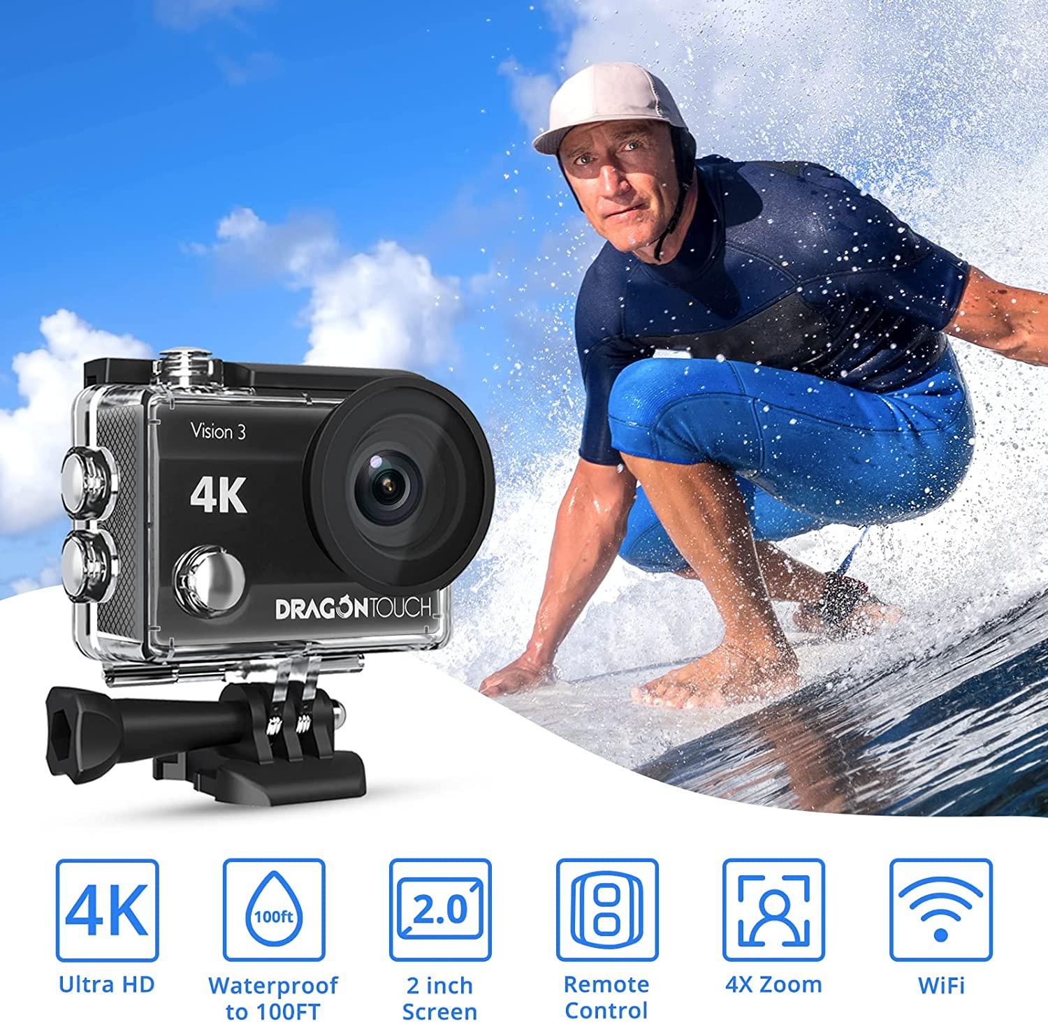 Dragon Touch Camera hành động 4K 16MP Tầm nhìn 3 Máy ảnh không thấm nước dưới nước 170 ° góc Wifi thể thao WiFi với điều khiển từ xa