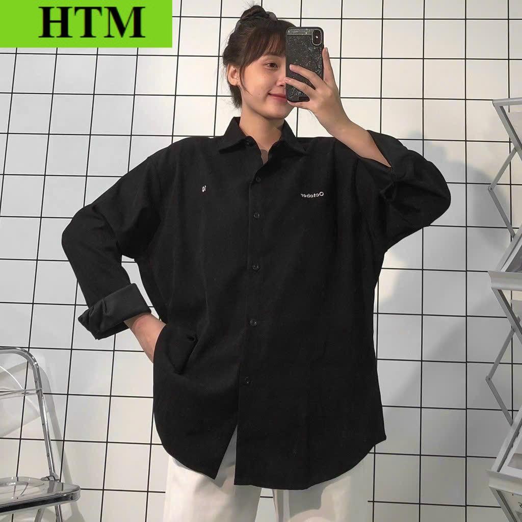 [FREESHIP] Áo Sơ Mi Nữ Chất Liệu Vải Mặc Mát Mẻ Phối Dáng Tinh Tế Form Rộng Tay Dài Bao Đẹp Hàng Hot Trend HTM FASHION - Đen