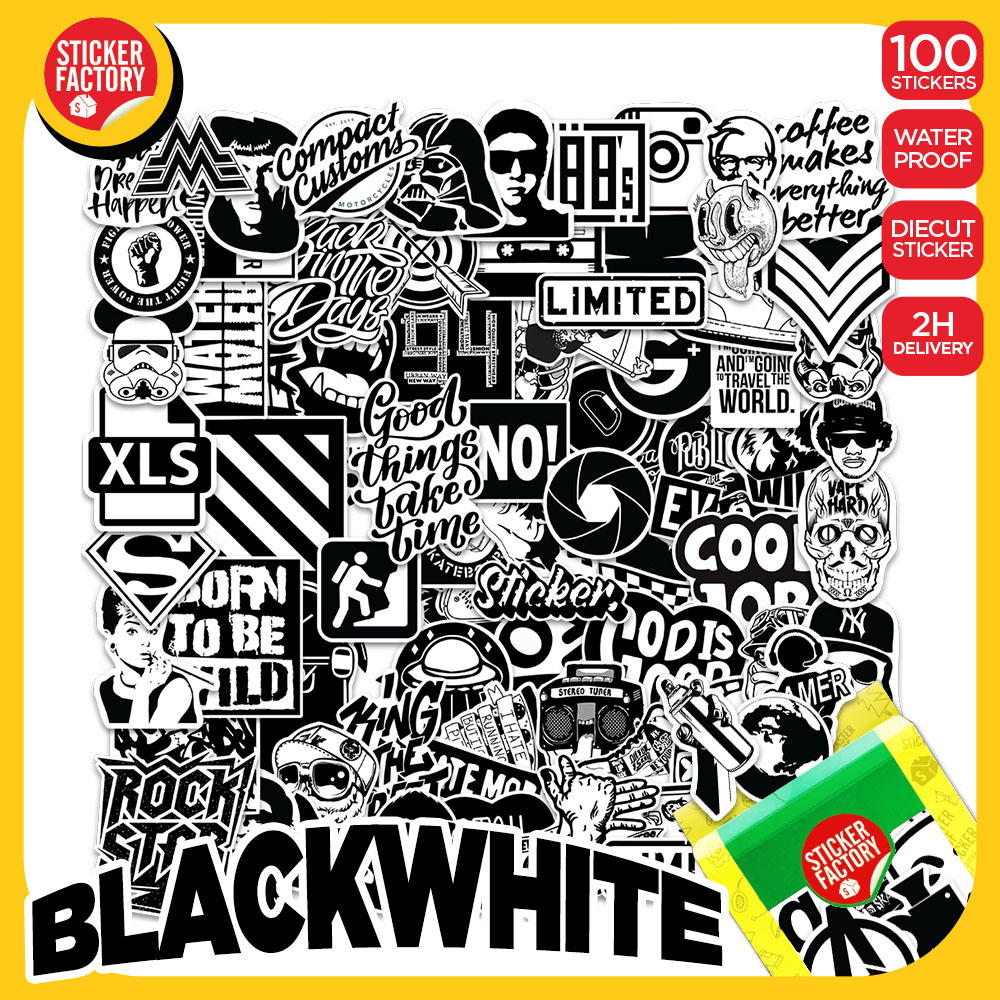 Black White - Set 100 sticker decal hình dán nón bảo hiểm, laptop, xe máy, ô tô - STICKER FACTORY