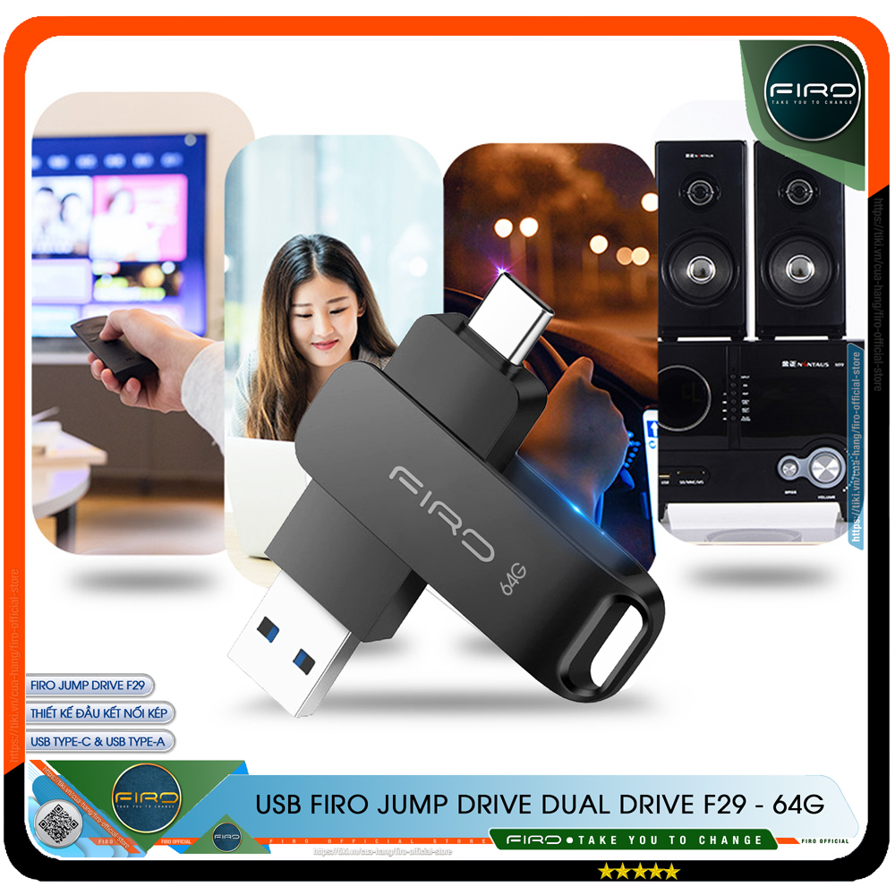 USB FIRO Jump Drive Dual Drive F29 - USB 3.1 32GB / 64GB Đầu Nối Kép Với 2 Cổng USB Type-C Và USB Type-A - Tương Thích MAC / PC Chuẩn Giao Tiếp USB 3.0 Và 2.0 - Tốc Độ Đọc 130Mb/s- Hàng Chính Hãng