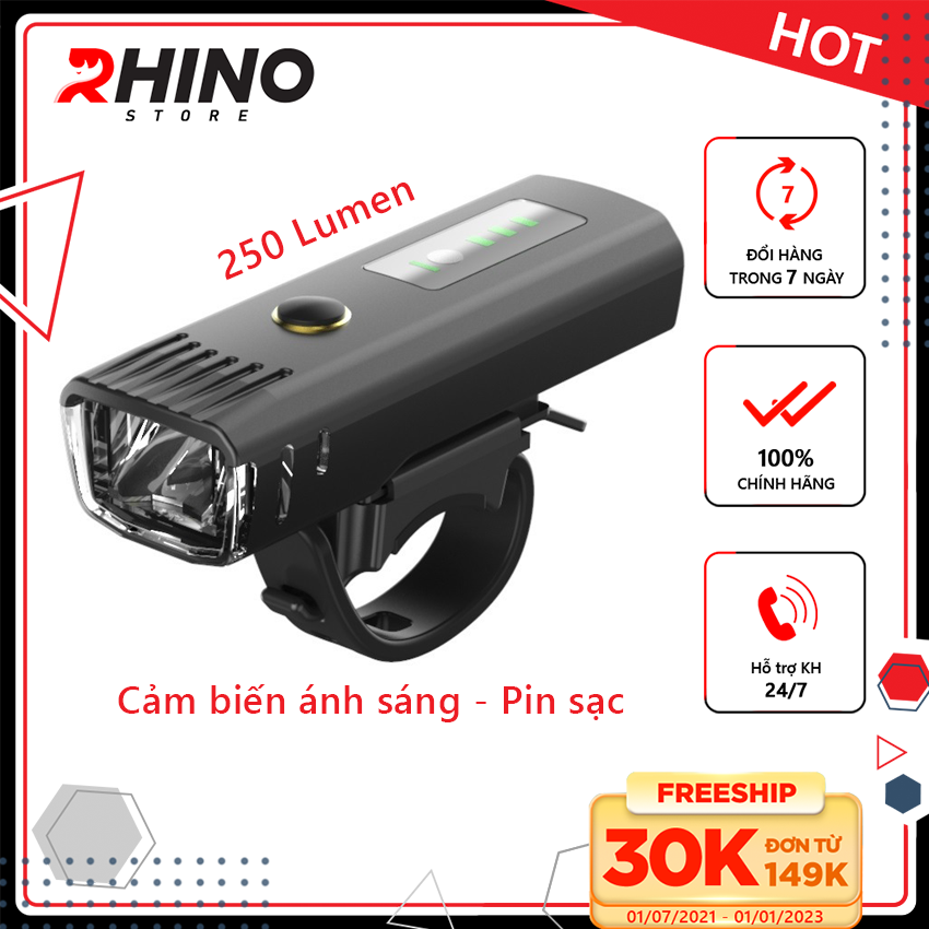 Đèn xe đạp siêu sáng cảm biến thông minh, chống nước Rhino L101 tự động điều chỉnh độ sáng theo môi trường, pin sạc, 4 chế độ sáng, pin từ 4-8 tiếng - Hàng chính hãng