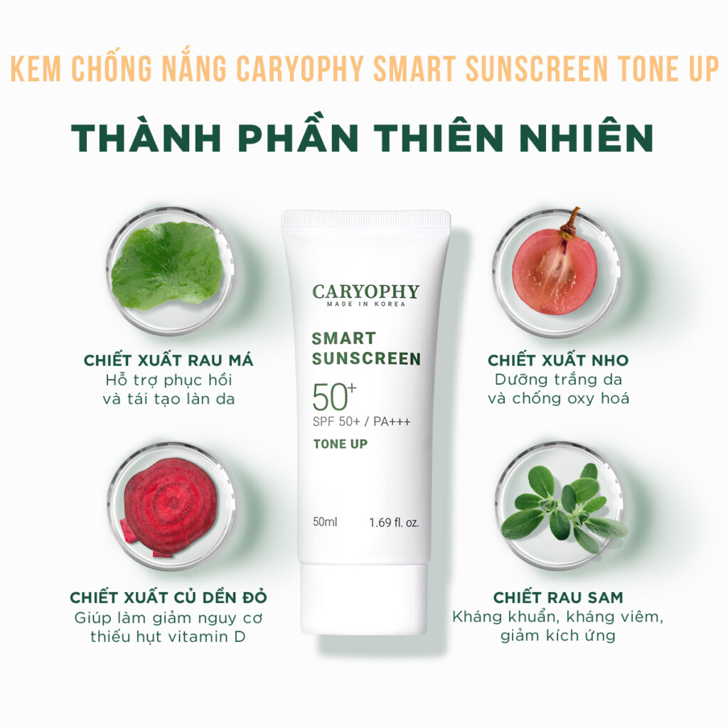 Kem Chống Nắng Caryophy Smart Sunscreen SPF50+ PA +++ Tone Up 50ml (Tặng Kèm 1 Mặt Nạ Sexylook)