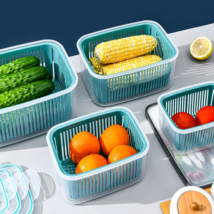 Bộ 5 hộp đựng thực phẩm trong tủ lạnh cao cấp thiết kế 2 lớp bên trong là rổ, bên ngoài là hộp nhựa trong suốt, chất liệu nhựa dày đẹp, nắp kín chống tràn tuyệt đối