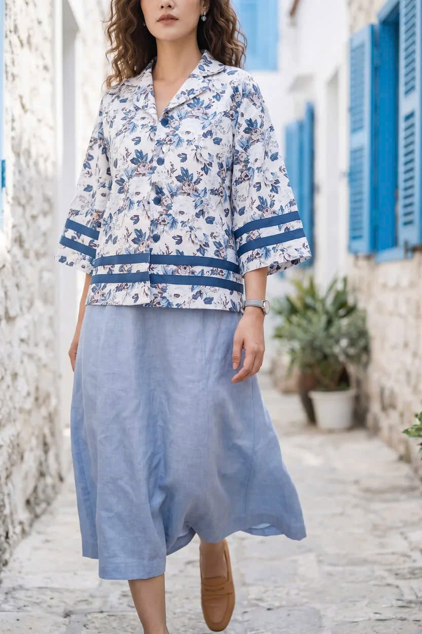 Áo Kiểu Vintage Cổ Ve Linen Hoa Mẫu Đơn Top252 Thời trang Hity