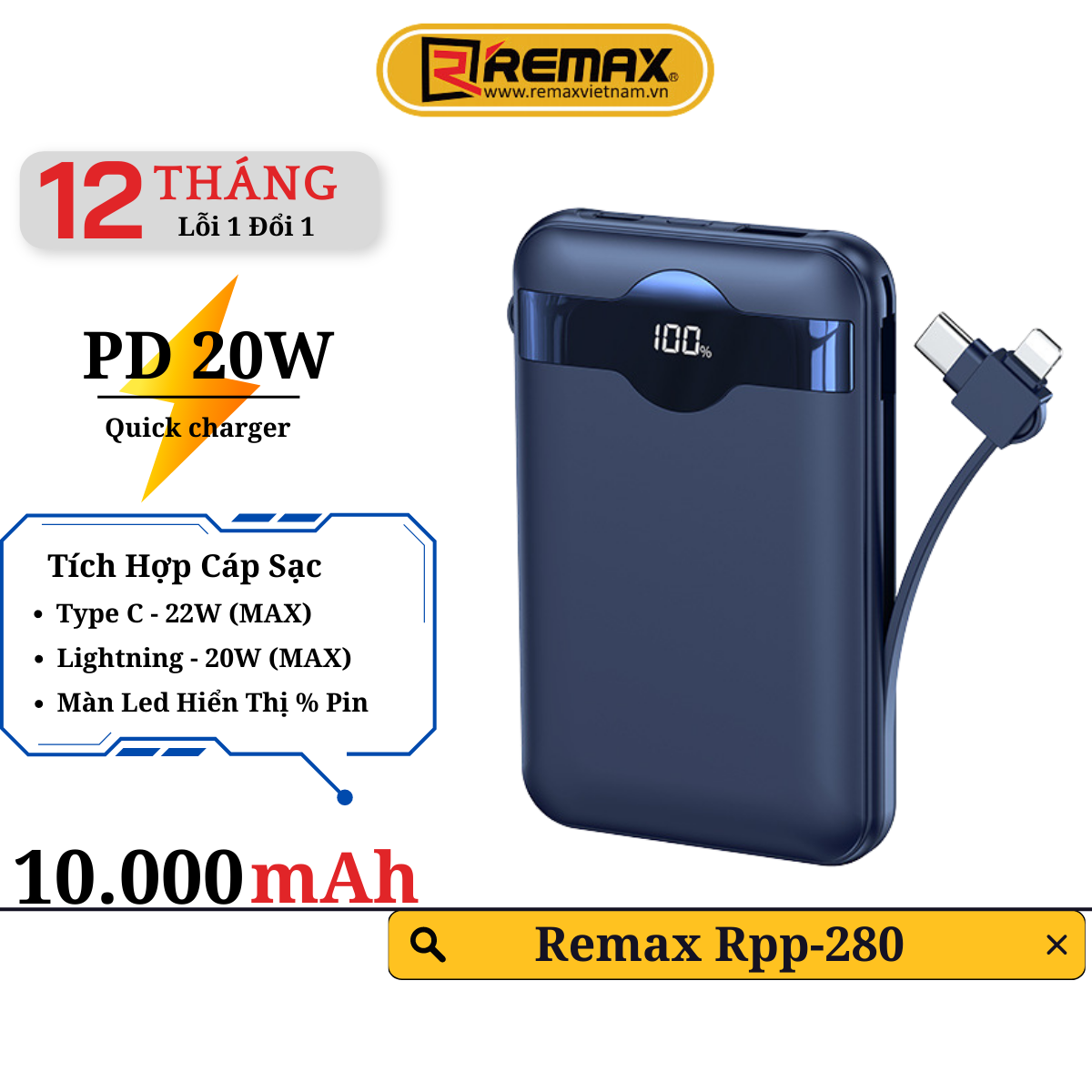 Pin sạc dự phòng kèm cáp 10000mAh Remax RPP-280 - Cục Sạc Dự Phòng Sạc Nhanh PD 20W Hàng Chính Hãng Remax