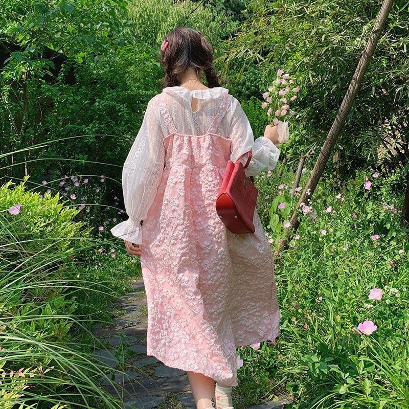 Set áo và váy hai dây hồng dễ thương