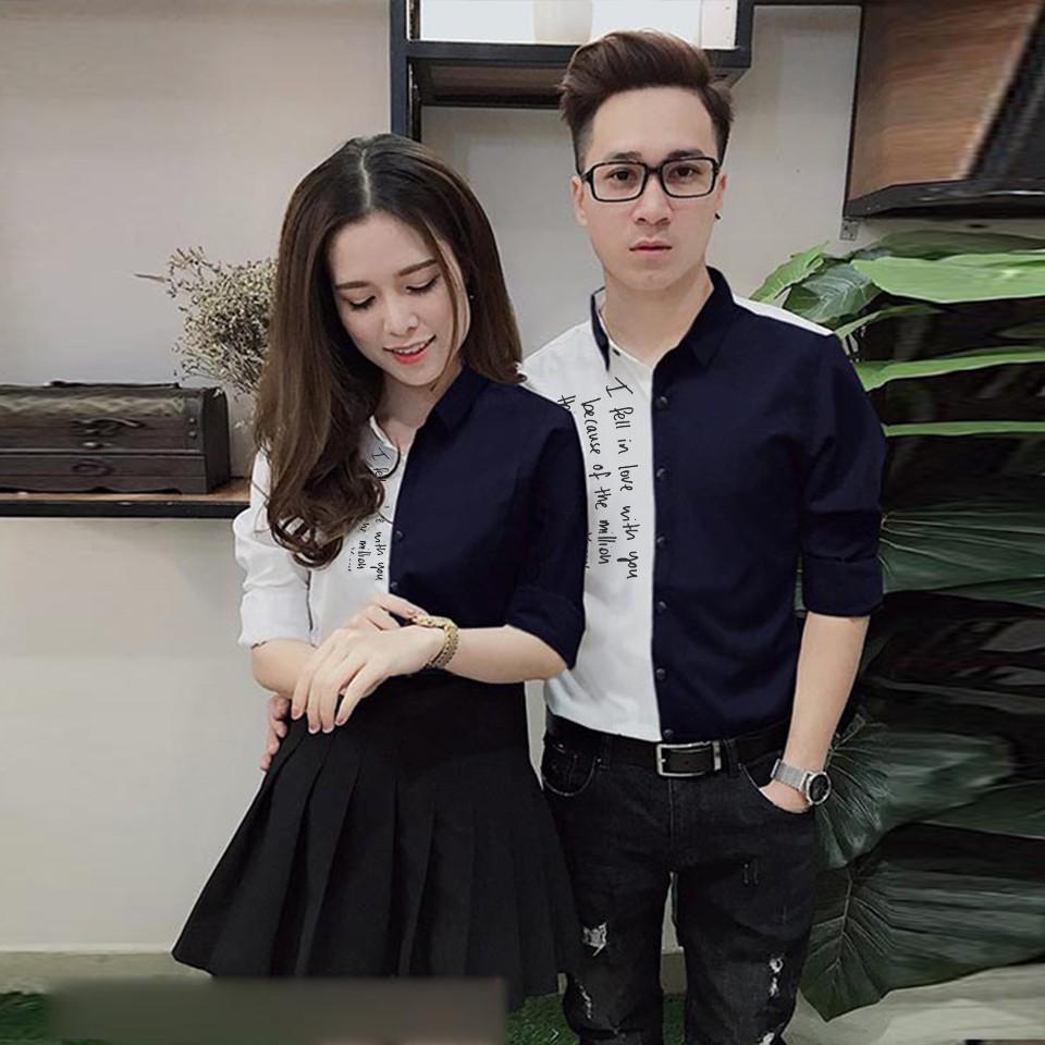ÁO SƠ MI ĐÔI NAM NỮ PHỐI MÀU IN CHỮ CHẤT KATE LỤA SIÊU HOT [GIÁ 1 ÁO