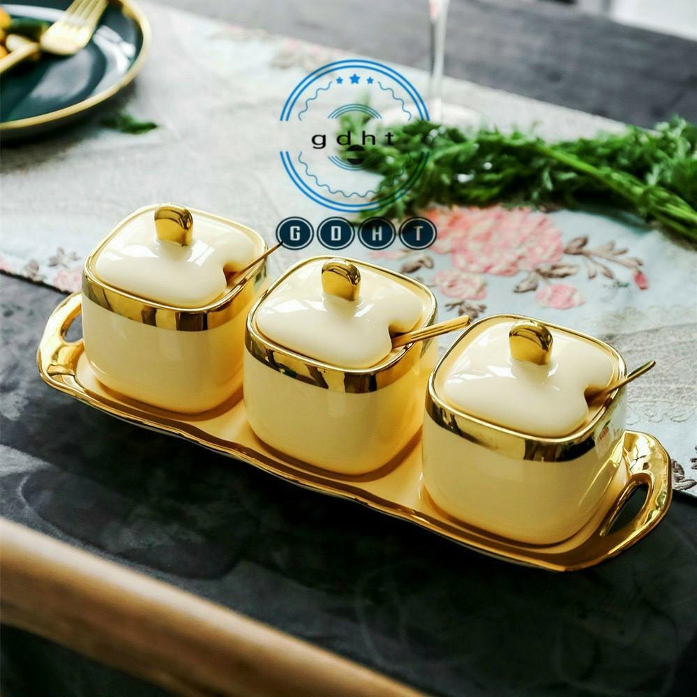 BỘ 3 HŨ GIA VỊ SỨ KÈM KHAY CAMELIA VIỀN VÀNG CAO CẤP SANG TRỌNG