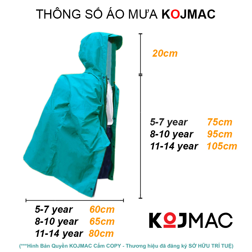 Áo Mưa Trẻ Em Dây Khóa Kéo KOJMAC Raincoat For Kid ( Bộ Quần Áo Liền Thân Cho Bé Học Sinh Balo vải dù da cá .. giá sỉ )