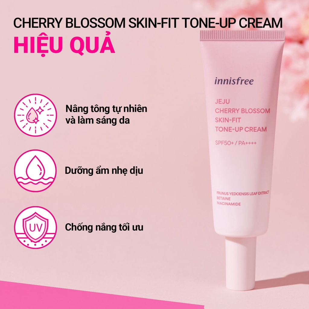 Kem dưỡng ẩm làm sáng chống nắng cho da innisfree Cherry Blossom Glow Skin-Fit Tone-Up Cream SPF 50+PA++++ 50ml