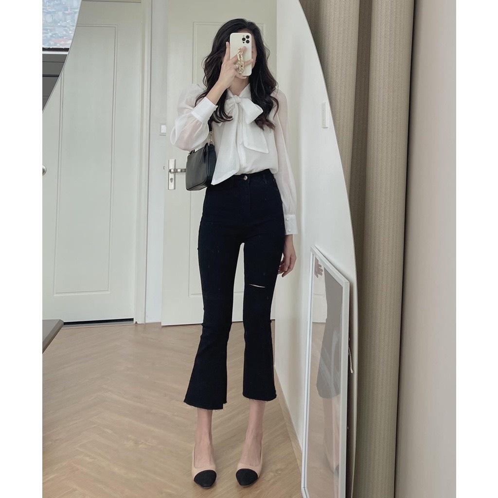 Áo sơ mi Lazy thiết kế tay bồng cổ nơ khuy ngọc tiểu thư công sở
