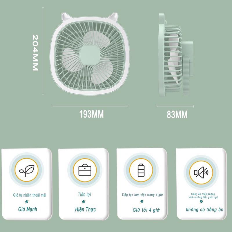 Quạt tích điện treo tường mini cầm tay quạt sạc điện có đèn để bàn Vân PHương Shop - Hàng Chính Hãng