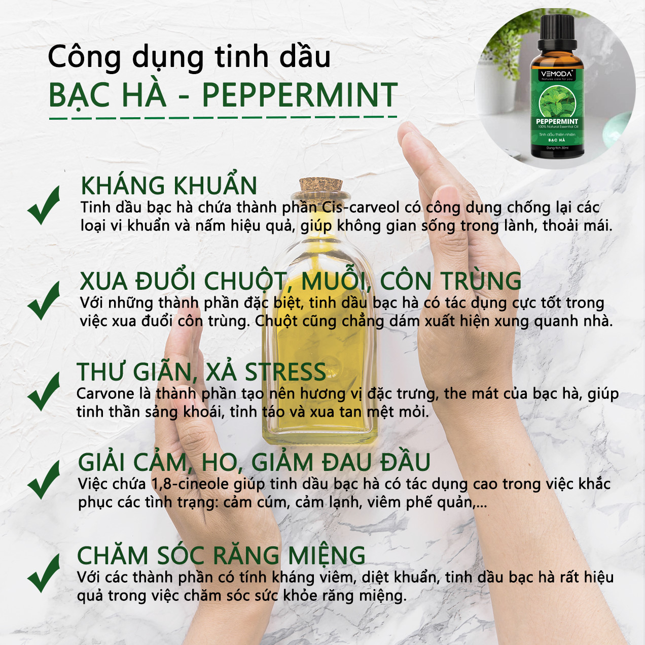 Tinh dầu xông phòng, thư giãn cao cấp gồm 3 chai tinh dầu nguyên chất: tinh dầu Vỏ quế (30ml) + tinh dầu Bạc hà (30ml) +  tinh dầu Sả chanh (30ml) Vemoda