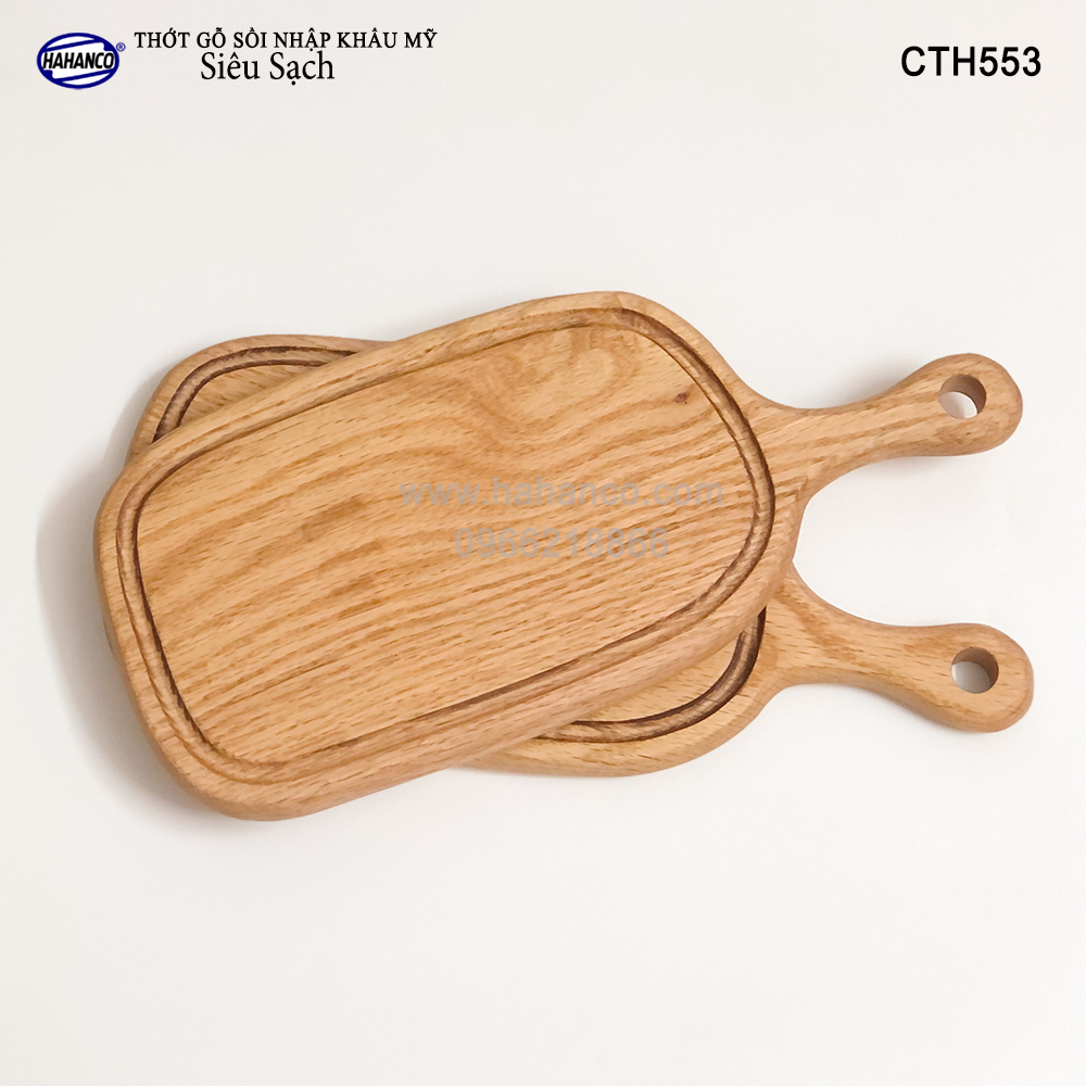 Thớt tay cầm gỗ Sồi Mỹ (OAK) có rãnh bao quanh tiện dụng (CTH553) hàng Xuất Khẩu Châu Âu - khay bánh mì/trái cây/ bít tết/ pizza/ phụ kiện chụp ảnh, bày món ăn trong nhà hàng - Sang trọng trên bàn ăn - HAHANCO