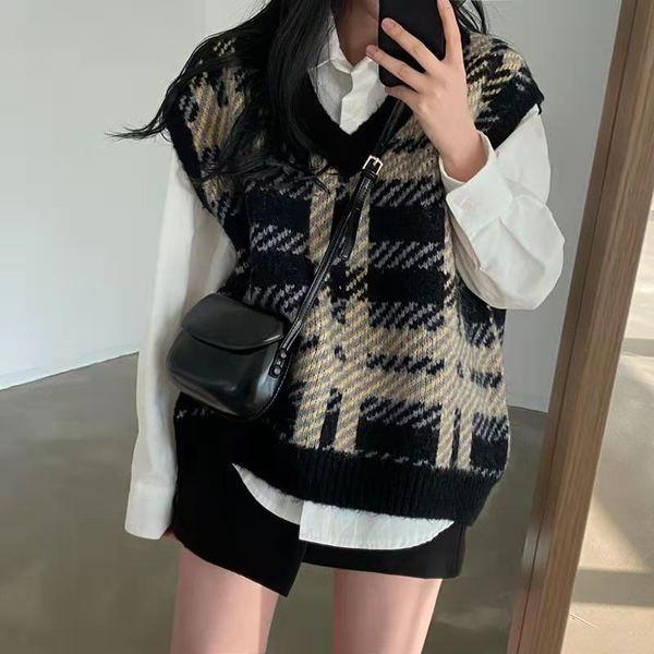 MS463 Áo gile len kẻ caro Hàn quốc form rộng