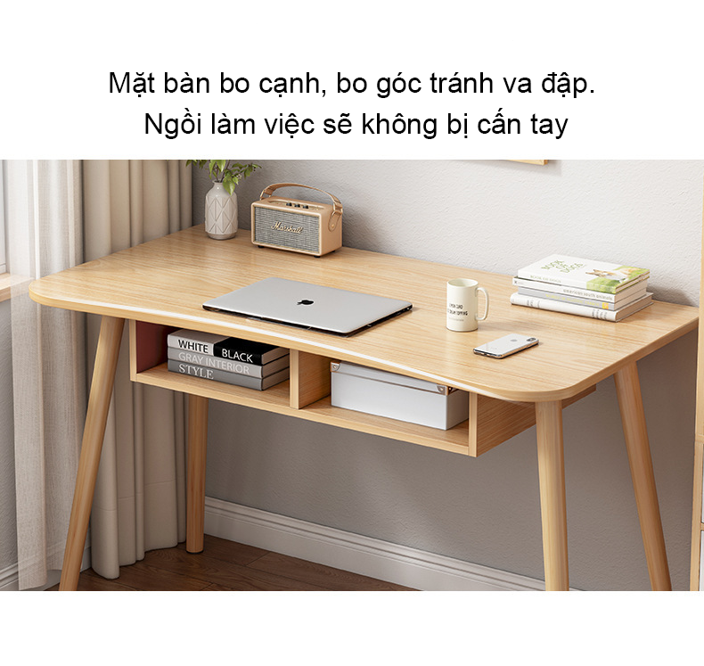 Bàn làm việc, bàn học màu trắng cao cấp, hiện đại tích hợp hộc tủ để đồ tiện lợi, chân gỗ tự nhiên chắc chắn, bền bỉ