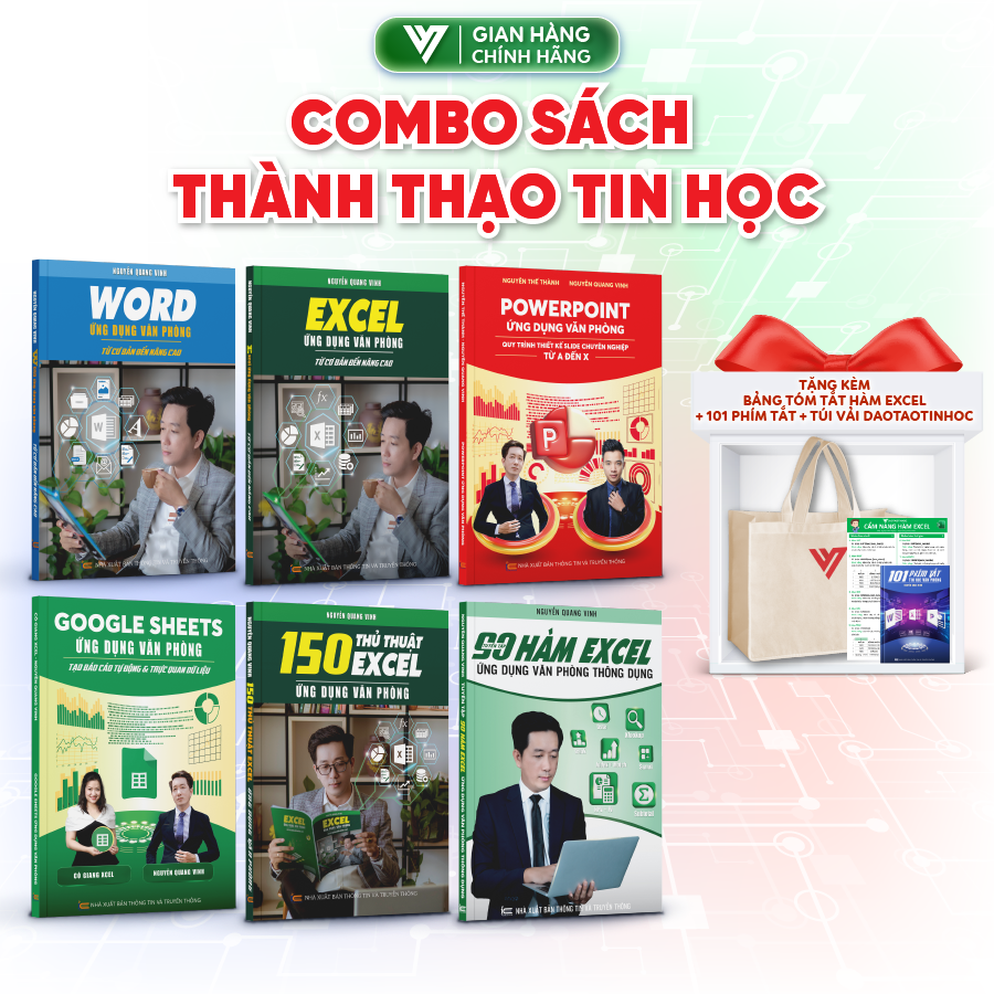 Combo 6 sách Word - Excel - Powerpoint - Google Sheet - 150 TT - 90 Hàm Excel ĐÀO TẠO TIN HỌC Ứng Dụng Văn Phòng Thông Dụng Tặng sách Power Query