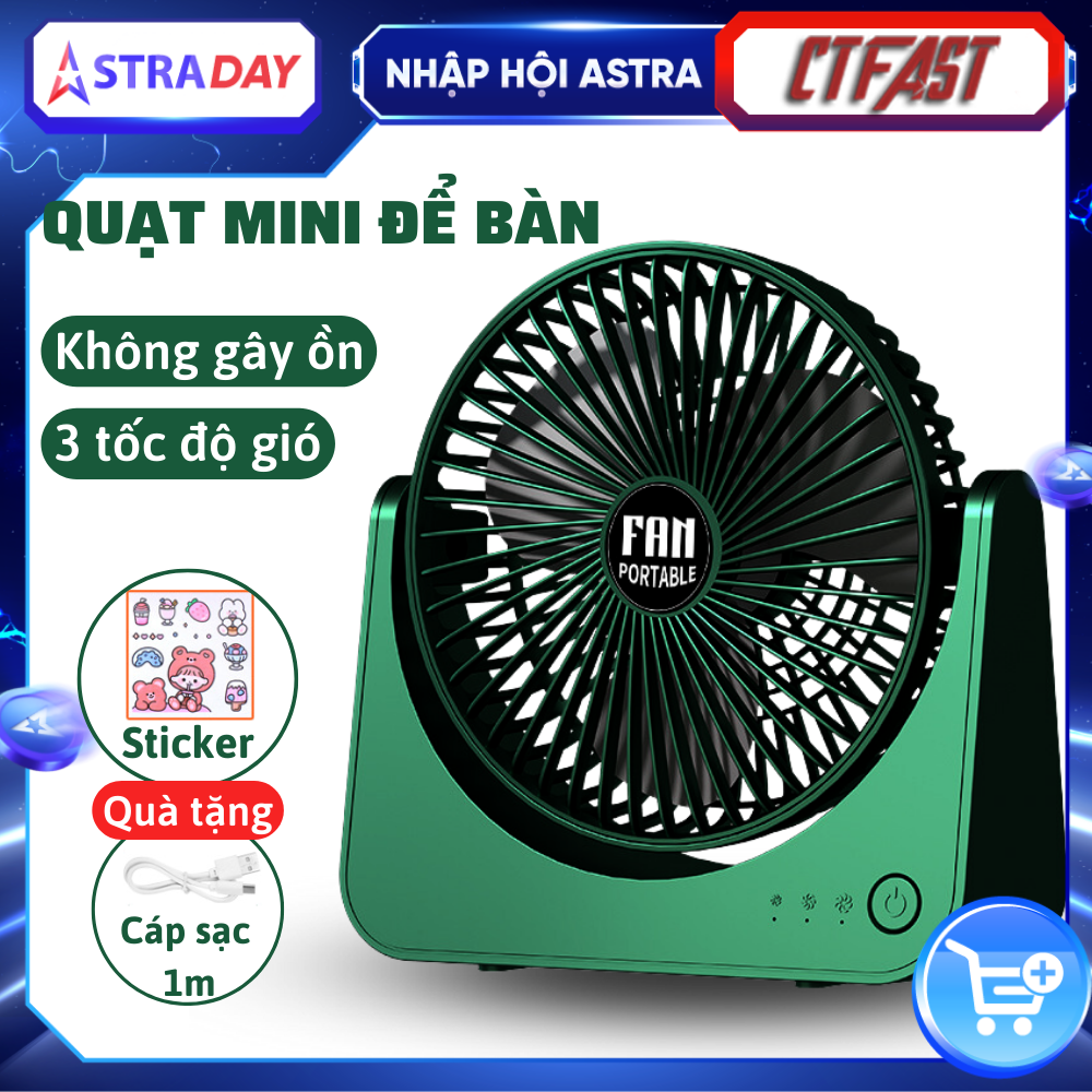 Quạt tích điện để bàn CTFAST F101, quạt mini văn phòng không gây ồn, 3 tốc độ gió, điều chỉnh 270 độ, tặng kèm sticker trang trí, sạc USB - Hàng chính hãng