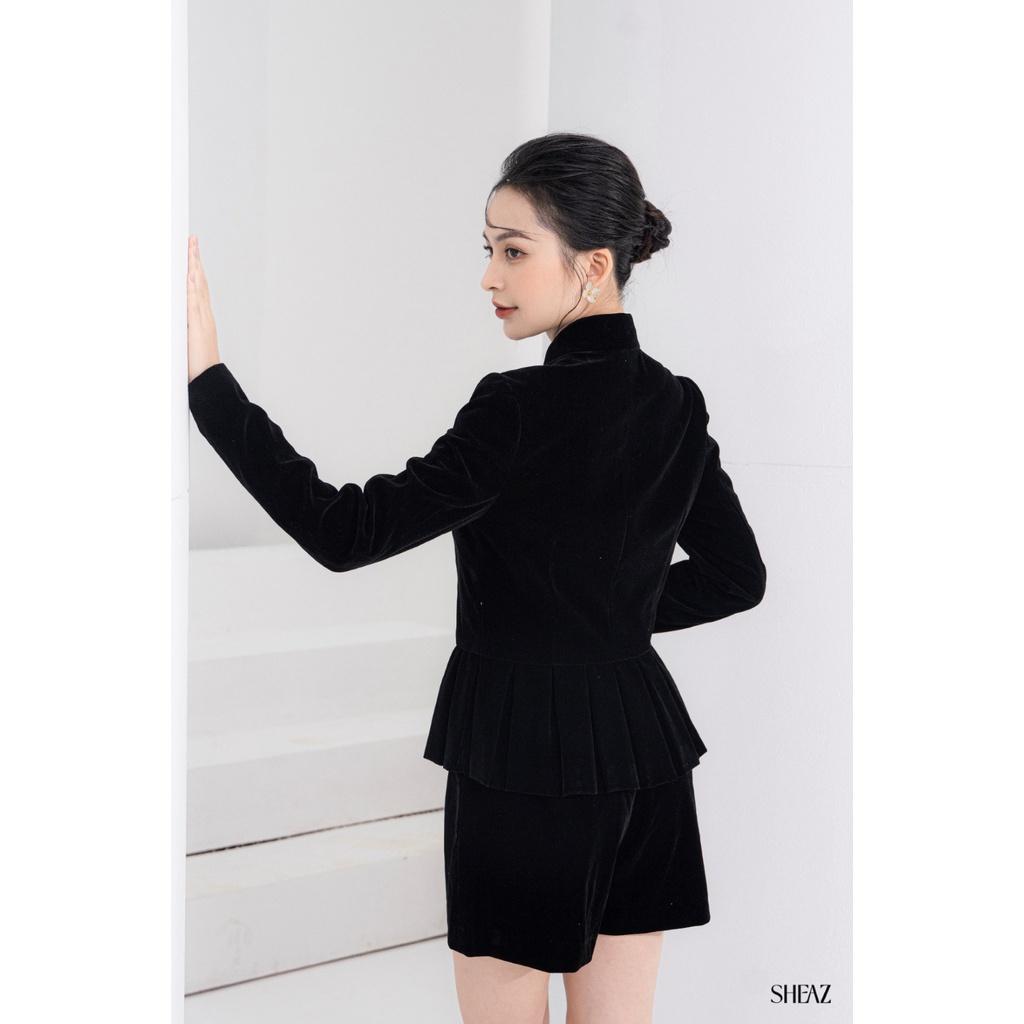 SHEAZ Áo vest blazer nhung đen thu đông cúc đồng dáng peplum