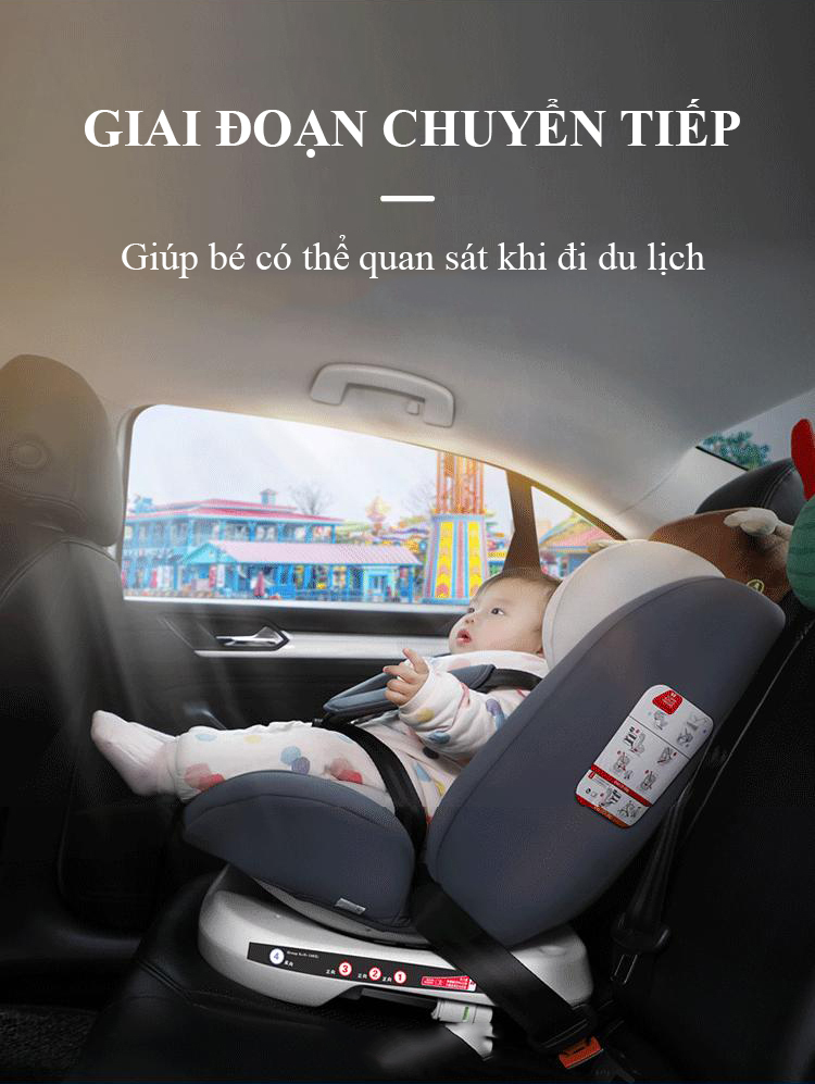 Ghế ô tô 2 chiều, điều chỉnh 4 tư thế từ nằm tới ngồi, ngã lưng 165 độ và có thể điều chỉnh độ cao 7 cấp cho bé từ 0-12 tuổi (đen)