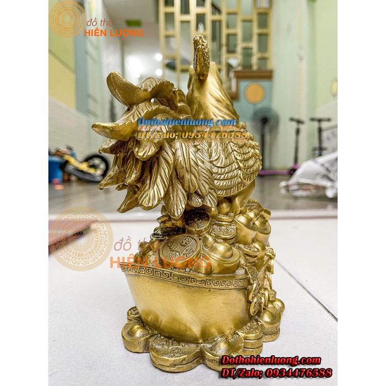 Tượng Gà Trống Đứng Bệ Thỏi Vàng Bằng Đồng Vàng Nguyên Chất Cao 23cm, Nặng 2kg Phong Thủy