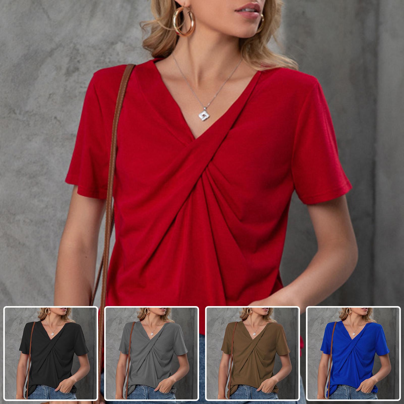 Women T-Shirt Knot Solid Color V-Neck Short Sleeve Tee Tops Casual Summer