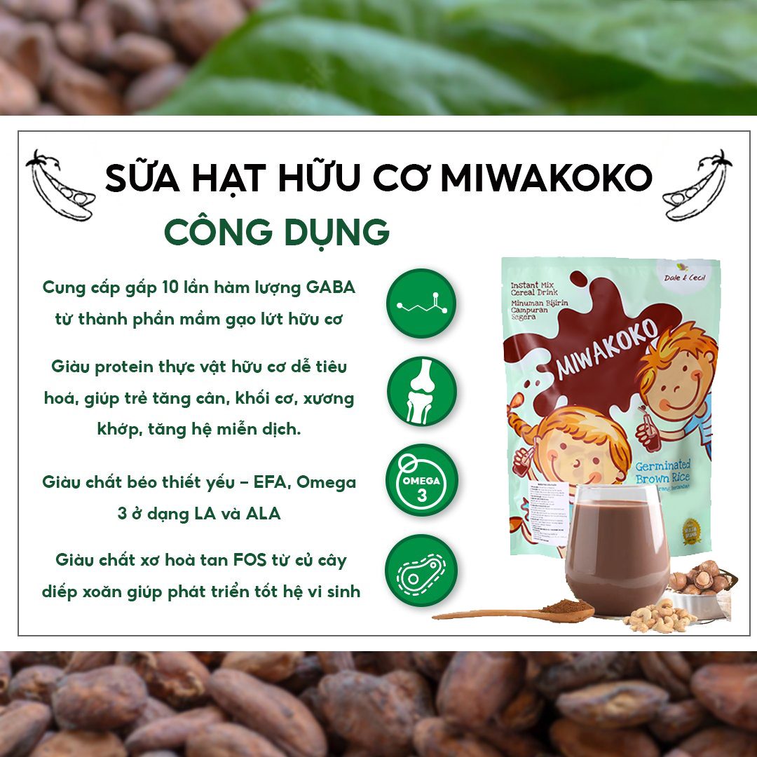 Sữa Miwako Vị Cacao 300g x2 Túi (600g) Nhập Khẩu Malaysia, Sữa Hạt Hữu Cơ Cho Bé Từ 1 Tuổi Vị Ngọt Dễ Uống Phát Triển Trí Não &amp; Chiều Cao - Orgavil