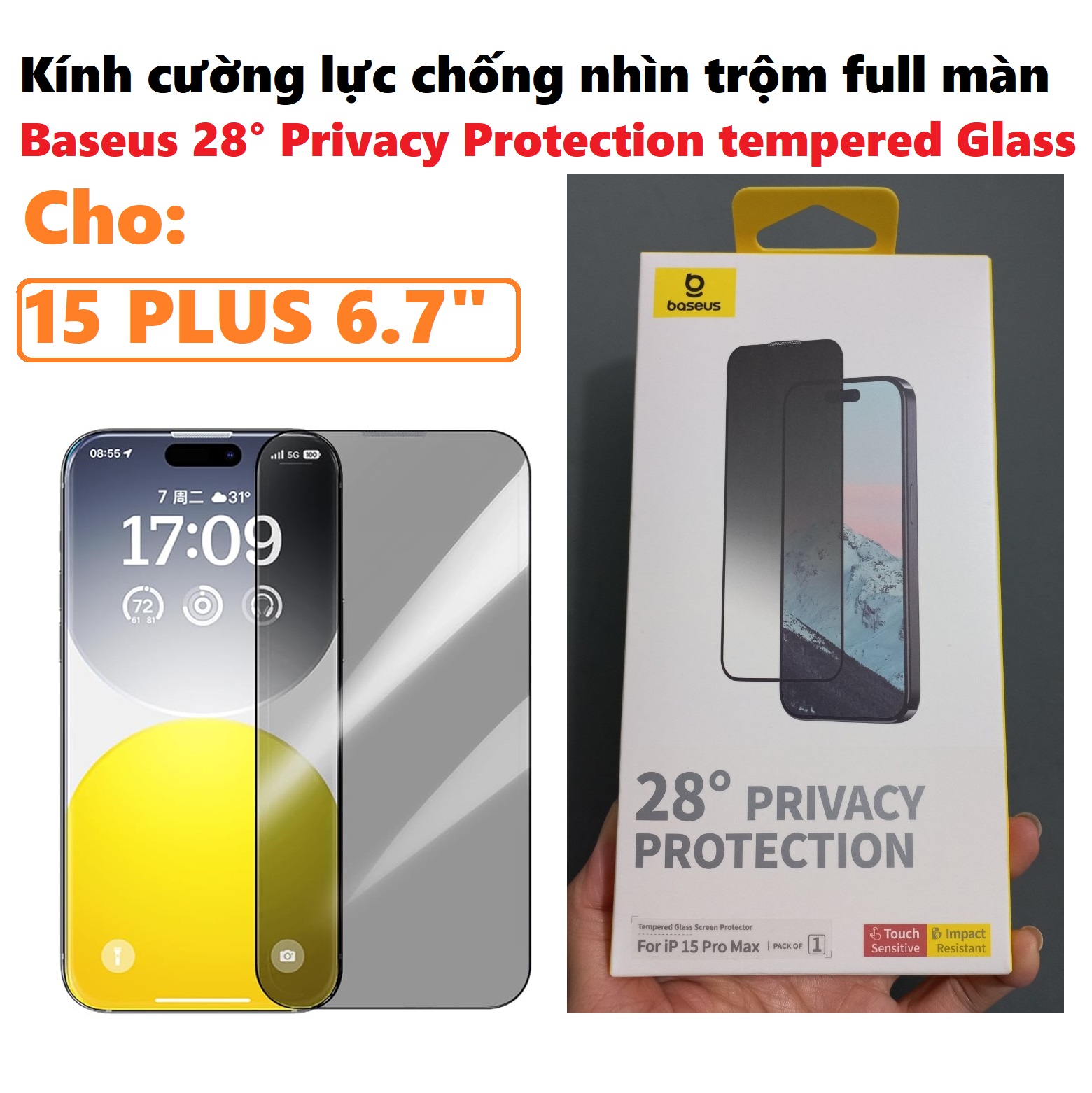 Kính cường lực chống nhìn trộm full màn cho iP 15 Series Baseus 28° Privacy Protection tempered Glass _ Hàng chính hãng