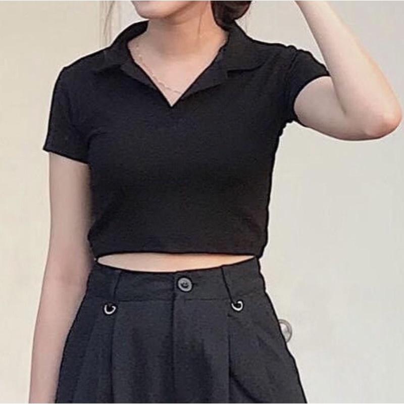 F860T Áo croptop cổ polo tay ngắn