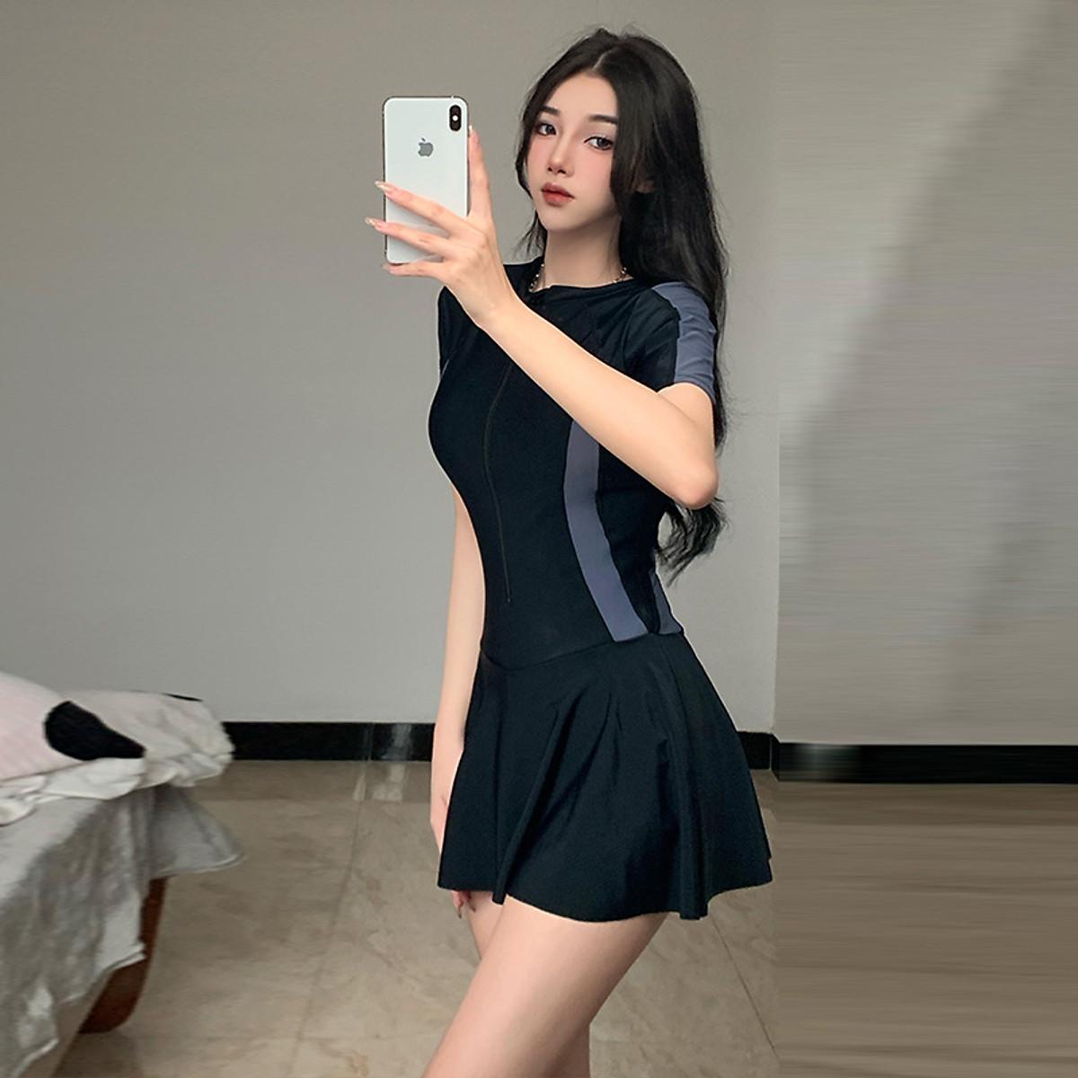 "NEW 2026" Đồ bơi Nữ  một mảnh tay ngắn dạng váy có khóa kéo ( Có size lớn 70kg) " HOT HOT" - Đen, Đen
