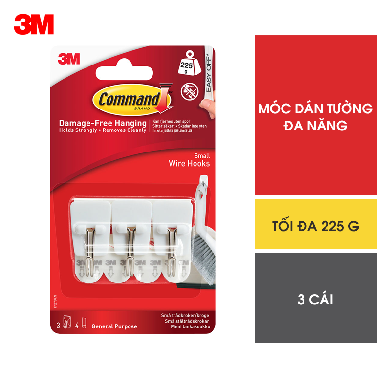 [Made in USA] Móc dán tường đầu kim loại Command 3M vỉ 3 cái cỡ nhỏ chịu lực 225g - Độ bền cao, bám cực chắc, tháo cực dễ 17067