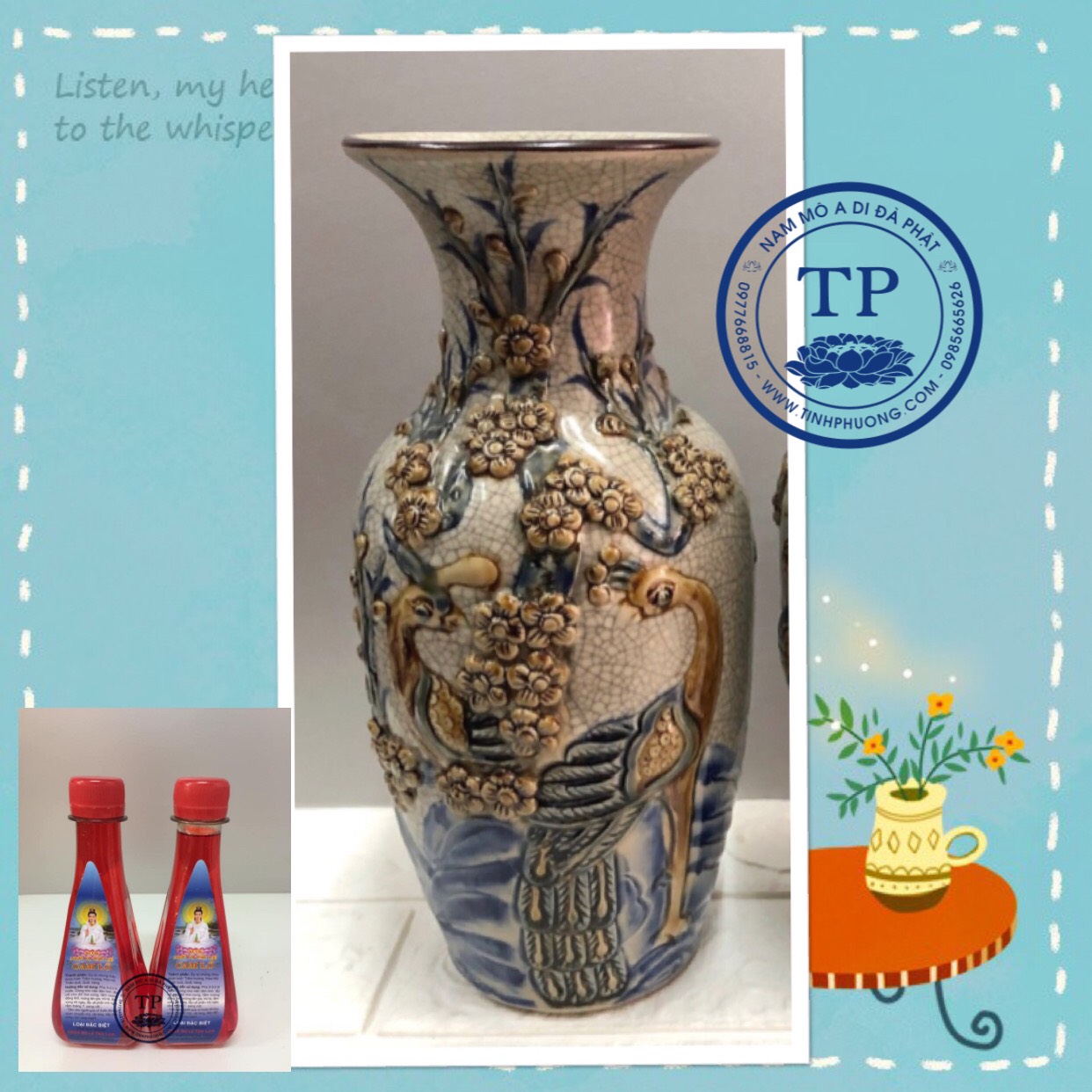 Hoa sen Thờ bằng đồng hun màu  bao gồm cả lọ hoa men rạn công đào cao 25cm