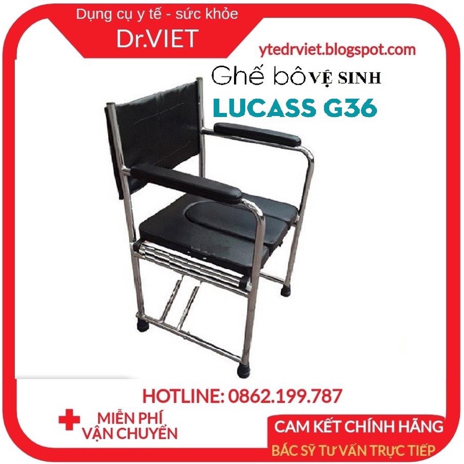 Ghế bô vệ sinh không bánh xe mặt nệm Lucass G36 - Hỗ trợ người già , người bệnh đi lại khó khăn