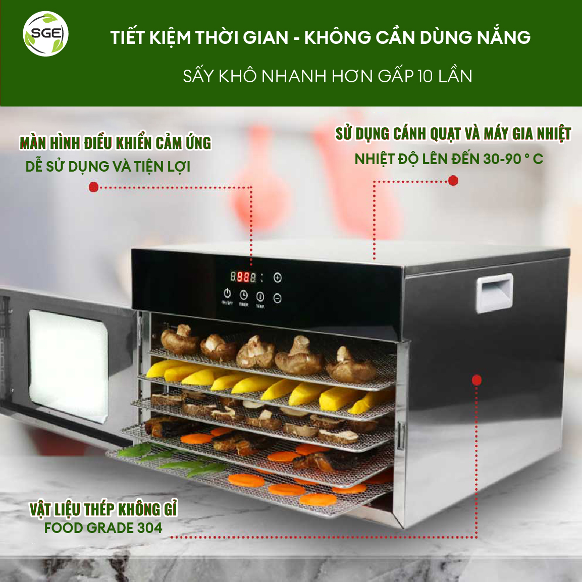 Máy Sấy Thực Phẩm Thế Hệ Mới GE Black 6 khay - Hàng Thailand chính hãng