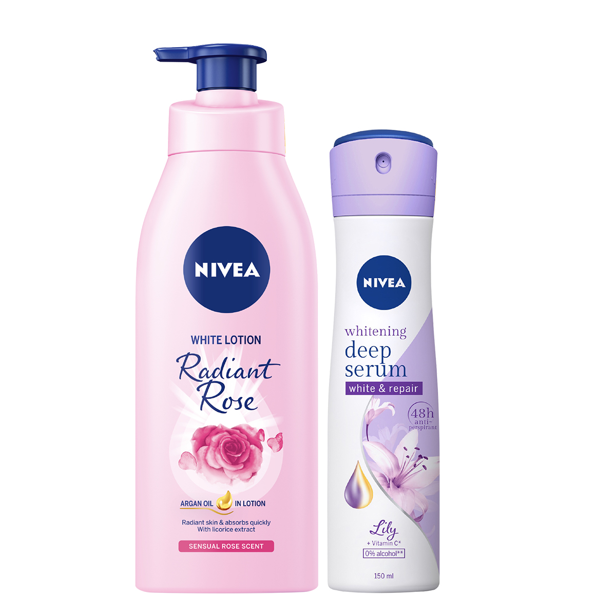 Bộ đôi Sữa Dưỡng Thể Dưỡng Trắng NIVEA Hương Hoa Hồng Radiant Rose (350ml) - 85707 &amp; Xịt Ngăn Mùi Nivea Serum Trắng Mịn Hương Hoa Lily (150ml) 85312