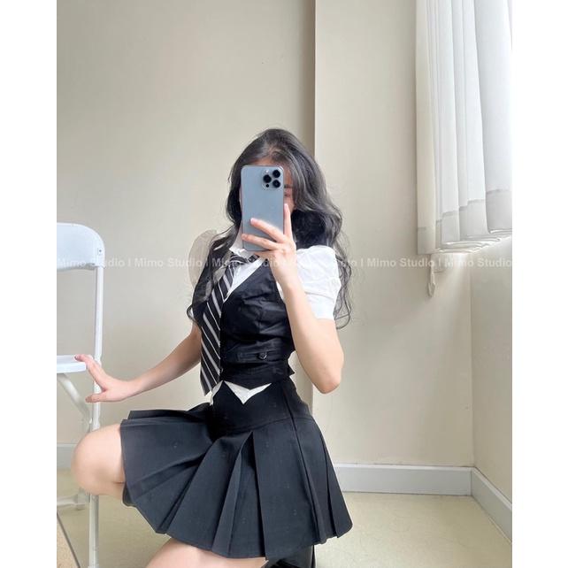SƠ MI TRẮNG TAY PHỒNG KÈM CÀ VẠT- ÁO GILE KAKI ĐEN