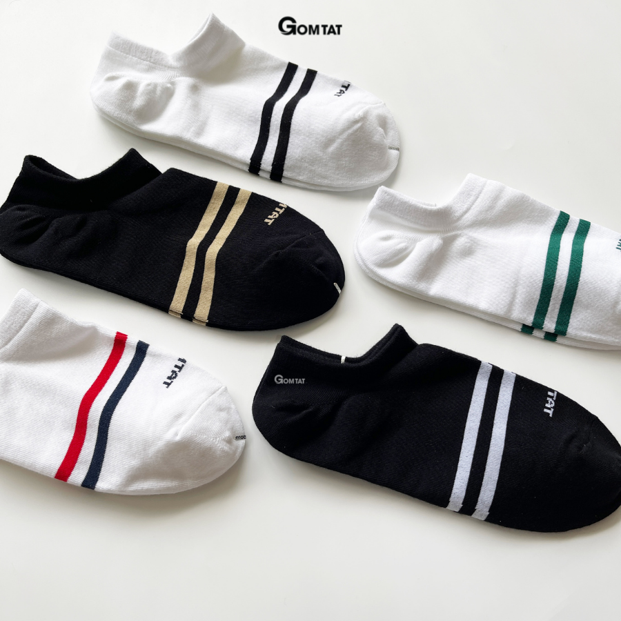 Tất Nam Nữ Cổ Ngắn Chất Liệu Cotton Cao Cấp, Vớ Cổ Thấp Unisex Họa Tiết 2 Sọc Ngang - GOM503-2SOC-LE