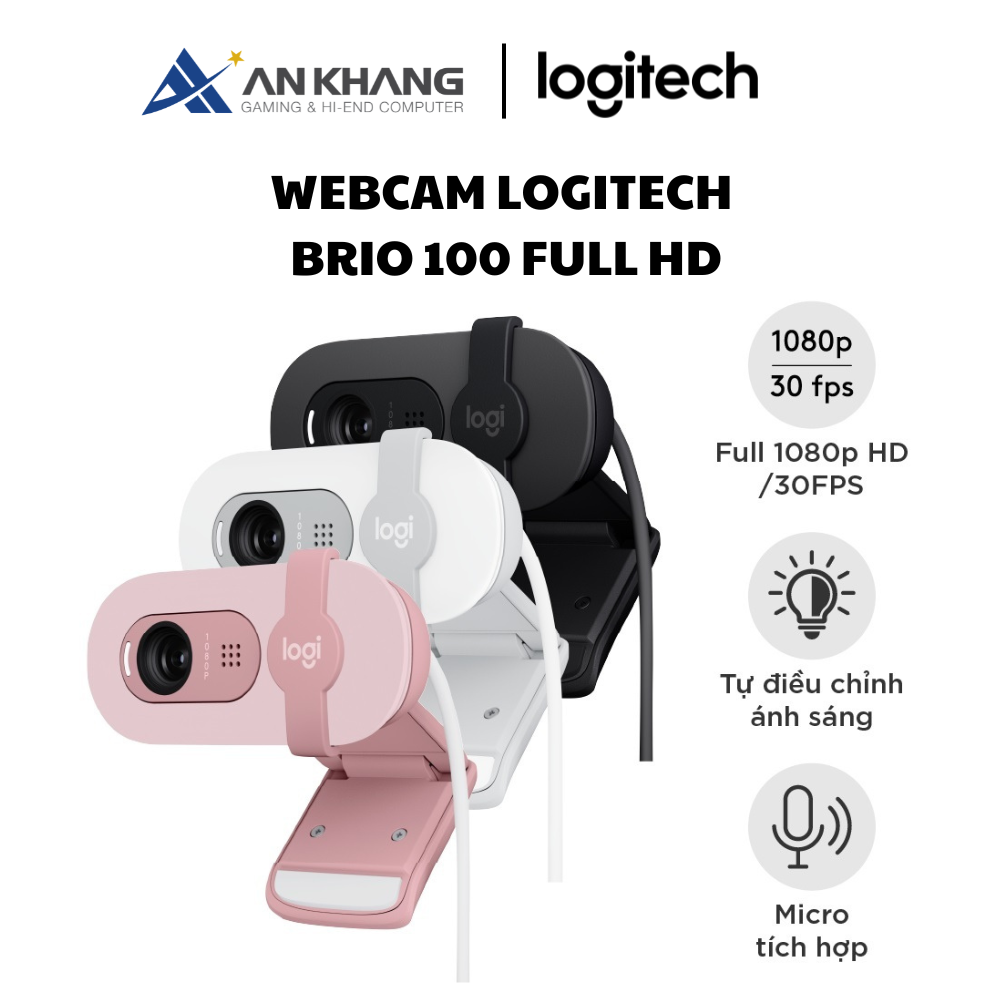 Webcam Full HD Logitech Brio 100 - Cân bằng ánh sáng, Mic, Màn chập, USB-A - Hàng Chính Hãng - Bảo Hành 12 Tháng 