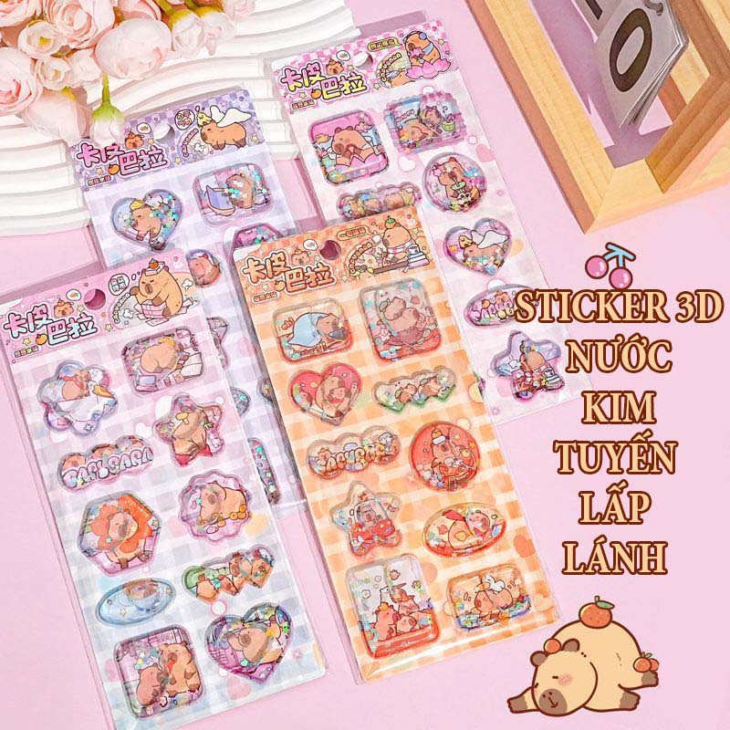 Set 10 Hình/ Tấm Sticker Hình Dán 3D Nước Kim Tuyến CAPYBARA Lấp Lánh Cute Decor Trang Trí Sổ Tay